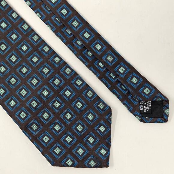 BOSS HUGO BOSS SILK TIE BROWN BLUE SQUARES GEOMETRIC SATIN 3.5" X 61" LONG - Picture 1 of 3